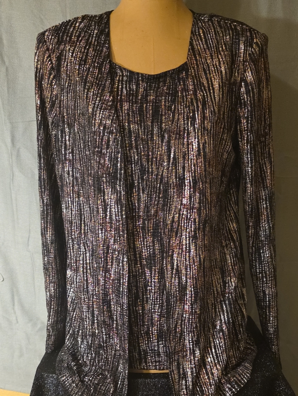 Dress Barn Black and Metallic Purple Sheen Long Sleeve Blouse